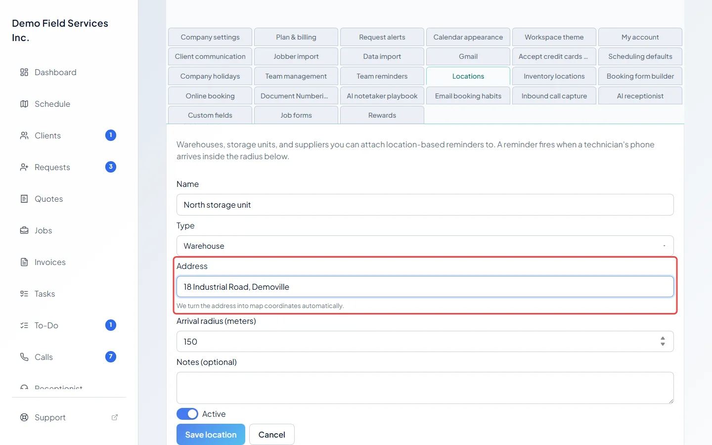 The add location form with a name, type and address