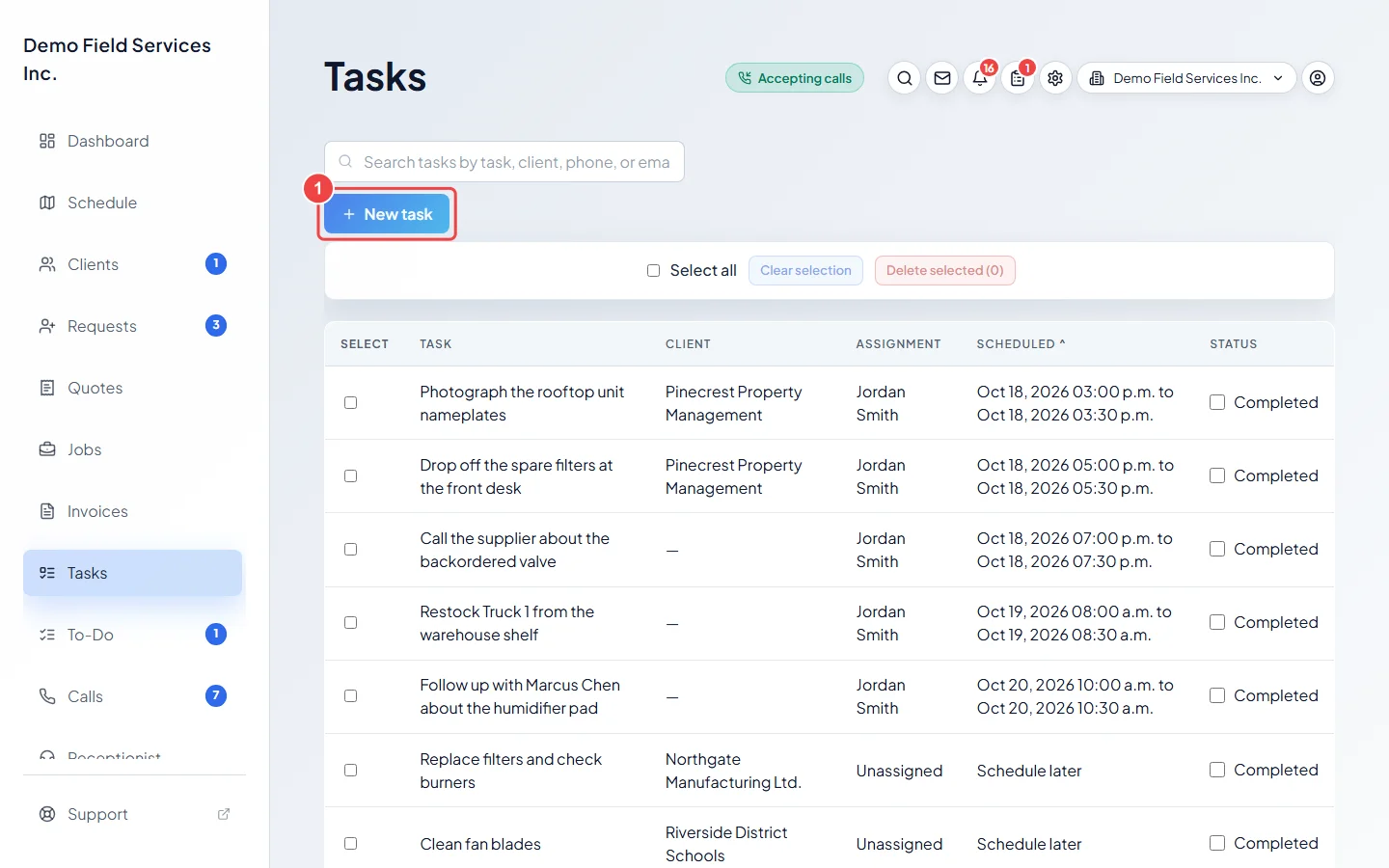 The tasks list with the New task button highlighted