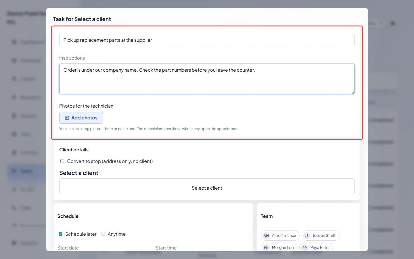 The new task form with a title and instructions typed in