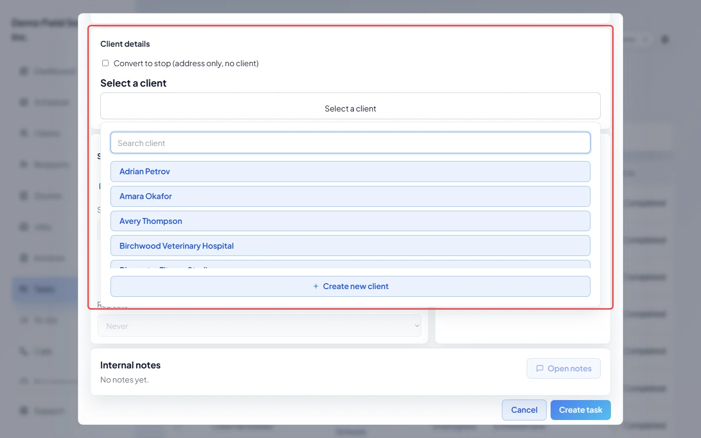 The client list open under Client details in the new task form
