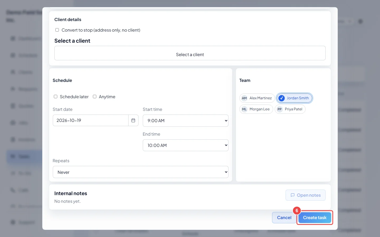 The Create task button at the bottom of the new task form