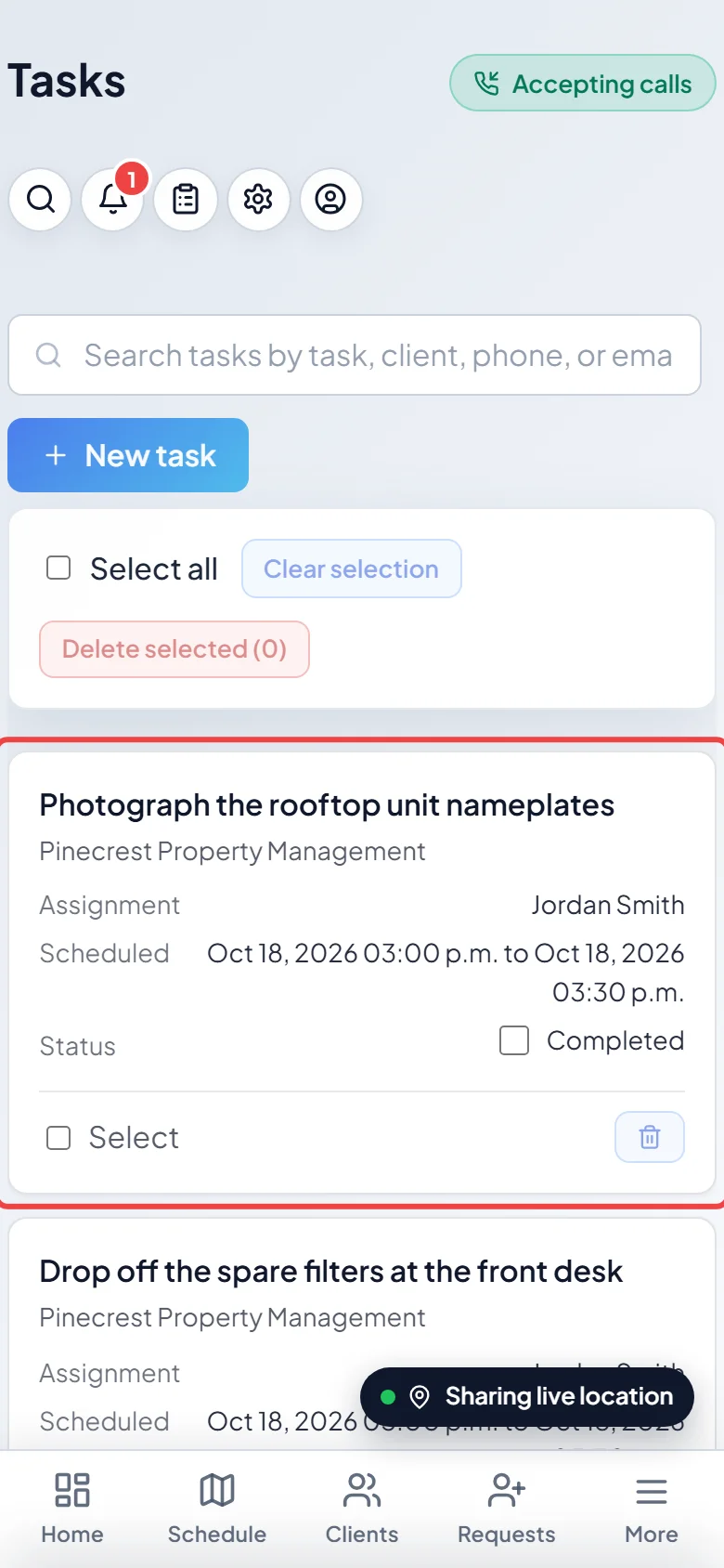 The tasks list on a phone with a card for each task