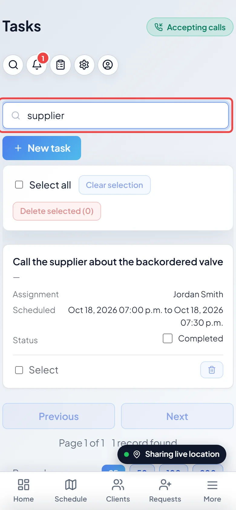 The tasks list narrowed down by a search