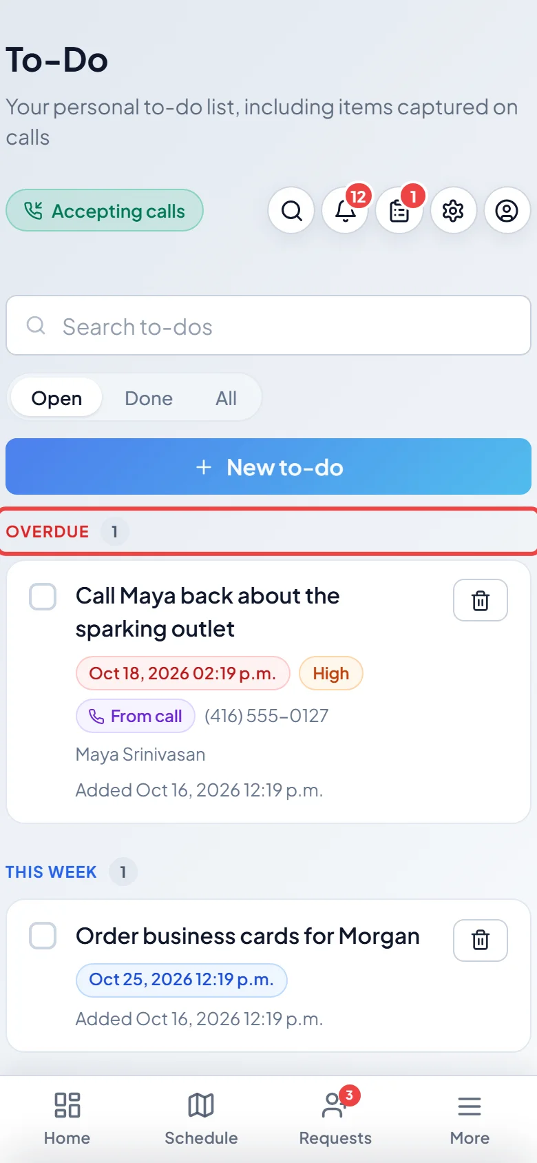 The to-do list on a phone grouped by due date