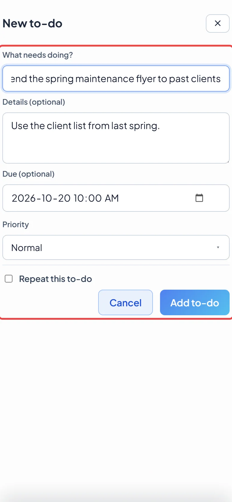 The New to-do window filled in on a phone