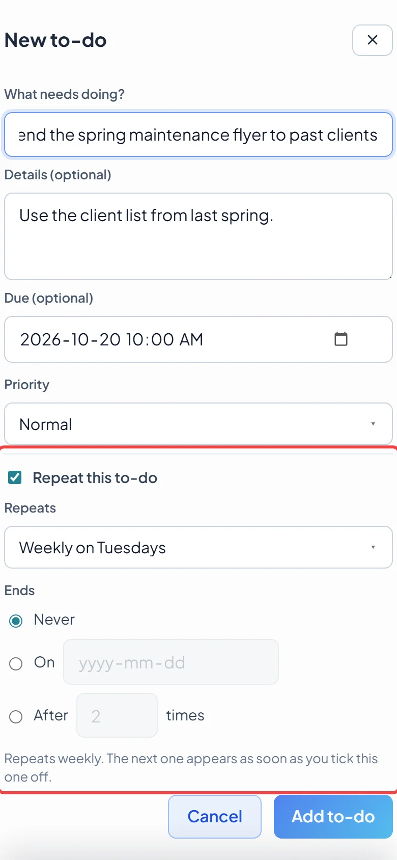 The repeat options in the New to-do window