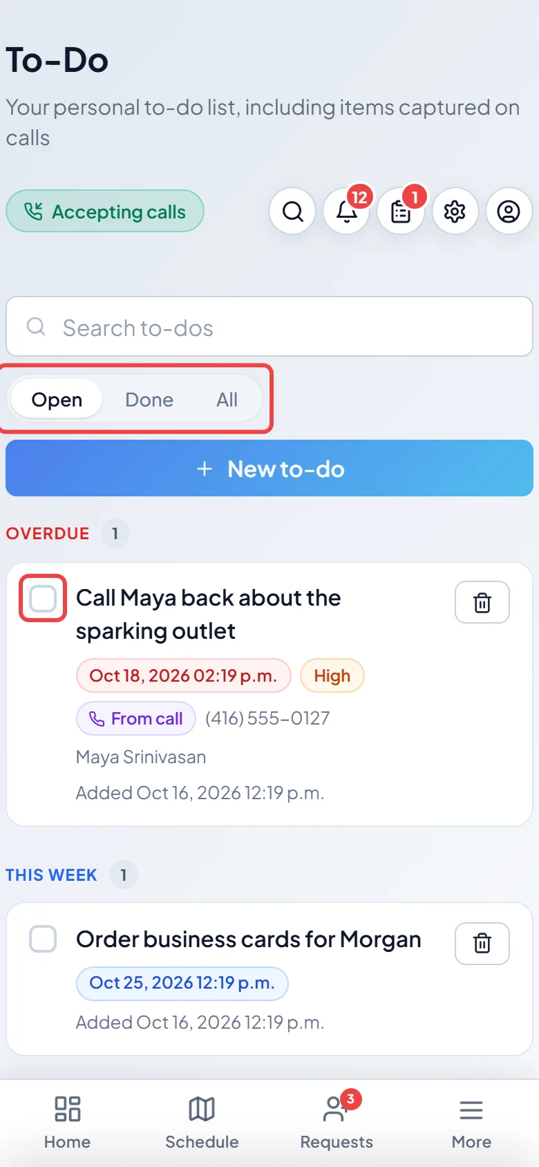 The Open, Done and All filters and the tick box on a to-do