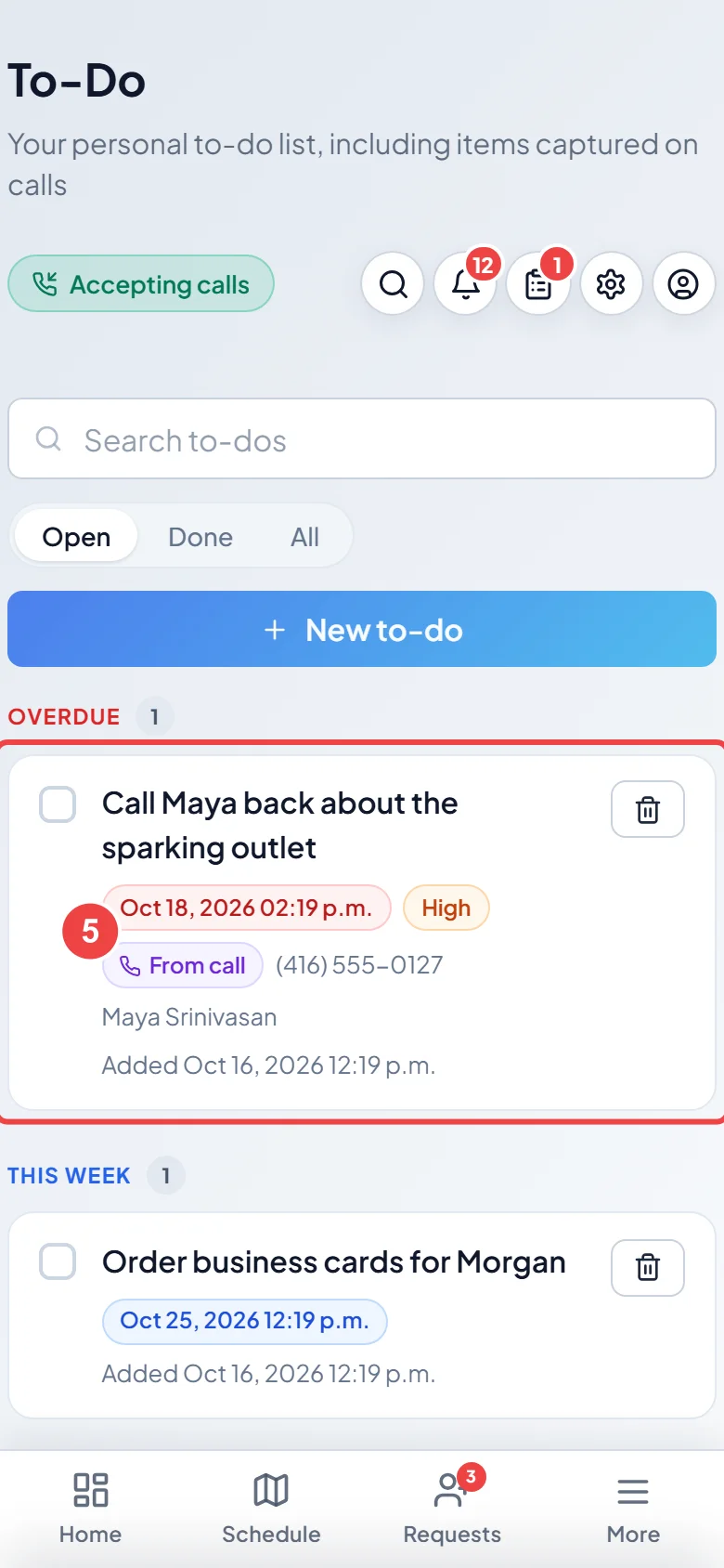 A to-do marked From call with the caller's name