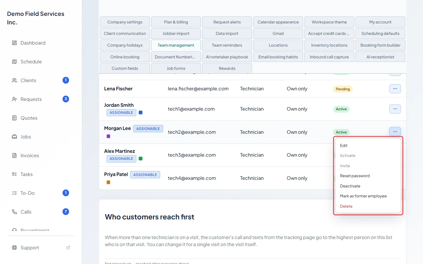 The actions menu with Deactivate, Mark as former employee and Delete