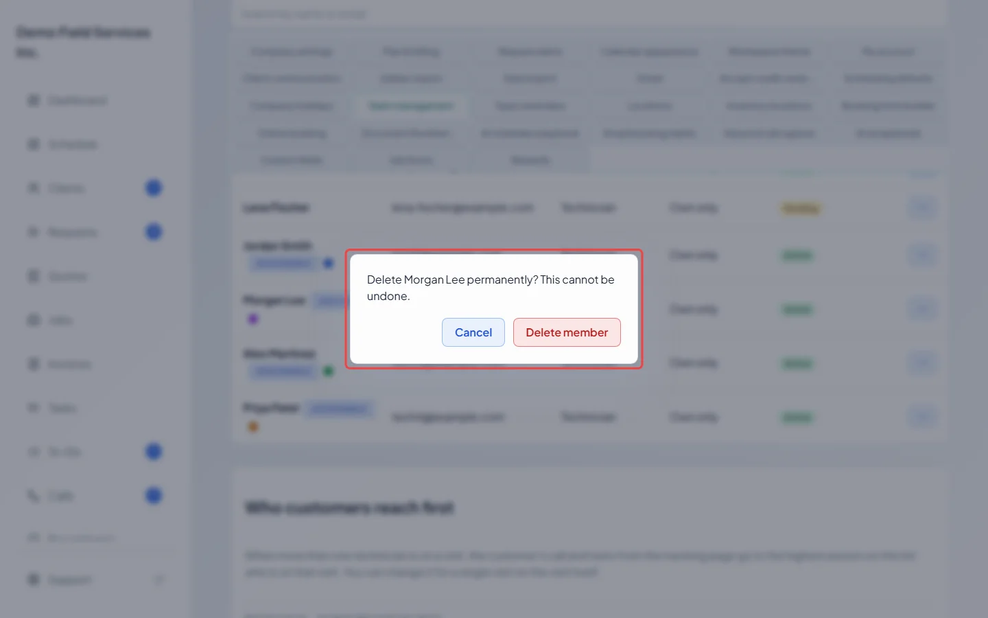 The confirmation asking to delete a team member permanently