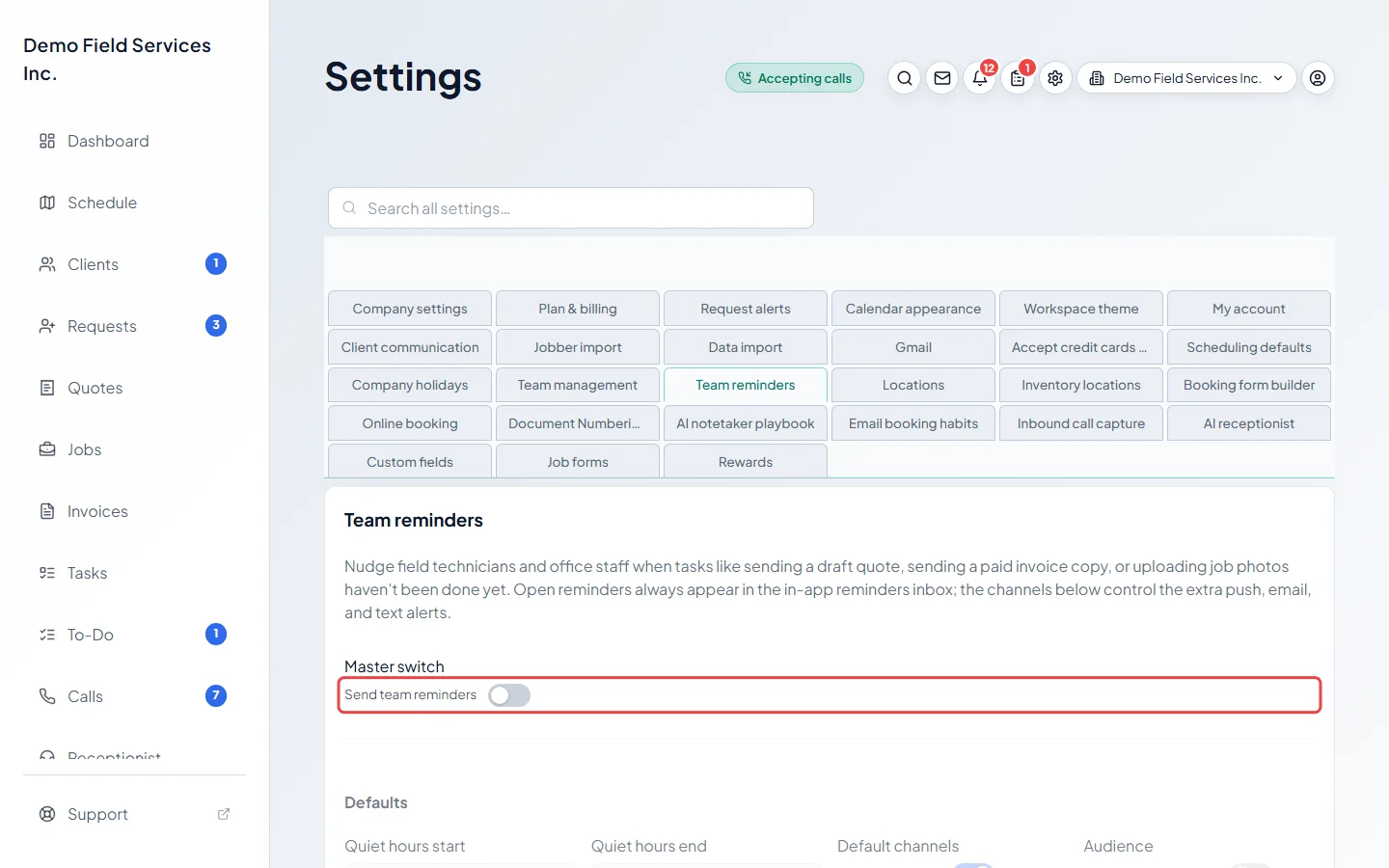 The Team reminders settings with the Send team reminders switch