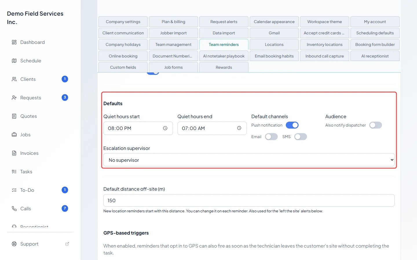 The Defaults row with quiet hours, audience and escalation supervisor