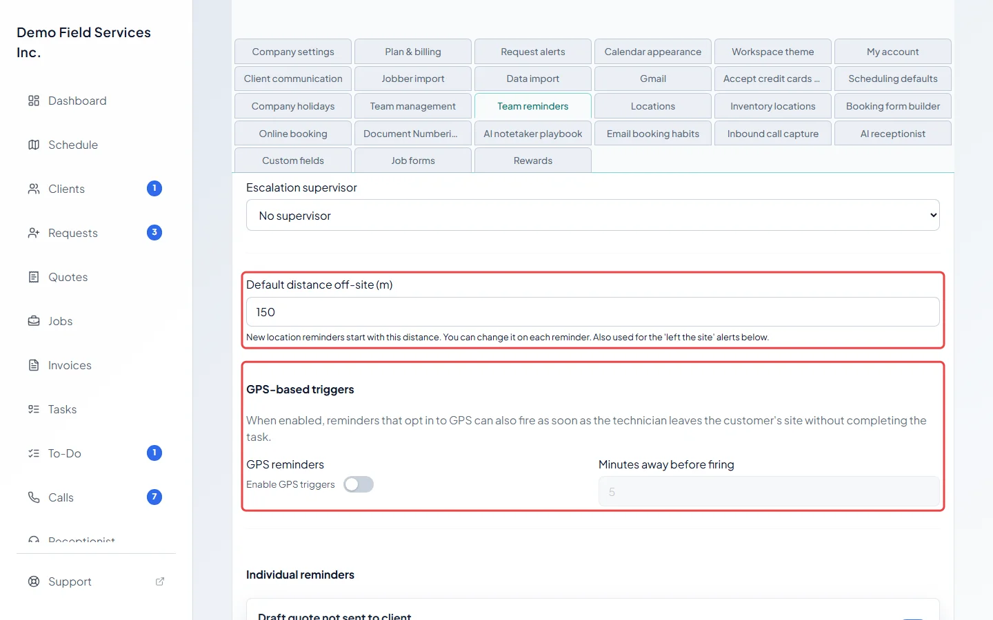 The off-site distance and GPS-based triggers settings