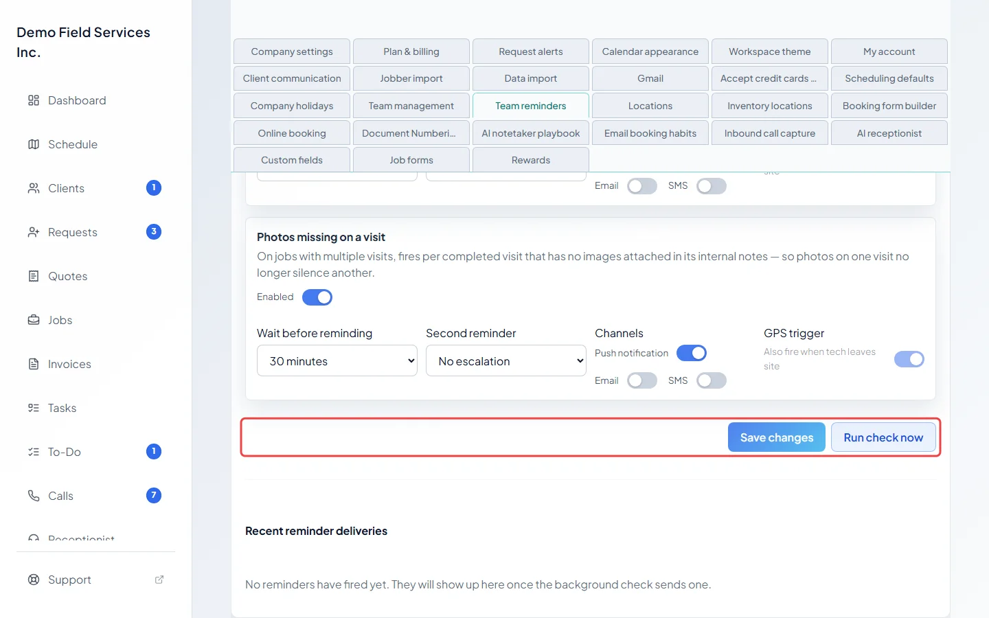 The Save changes and Run check now buttons
