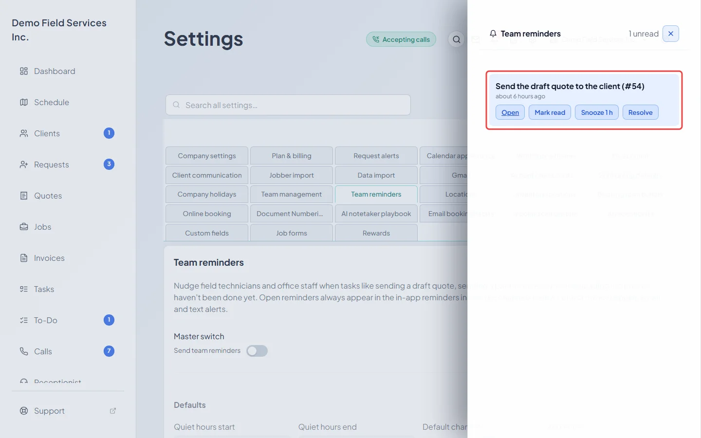 The inbox open with a reminder and its Open, Mark read, Snooze and Resolve buttons