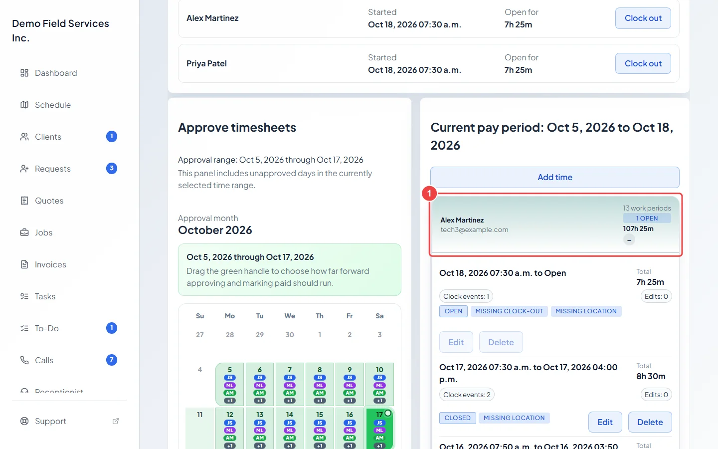 An employee's work periods opened on the Timesheets page, each with an Edit button