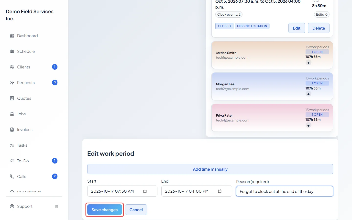 The Edit work period box filled in with a reason and the Save changes button