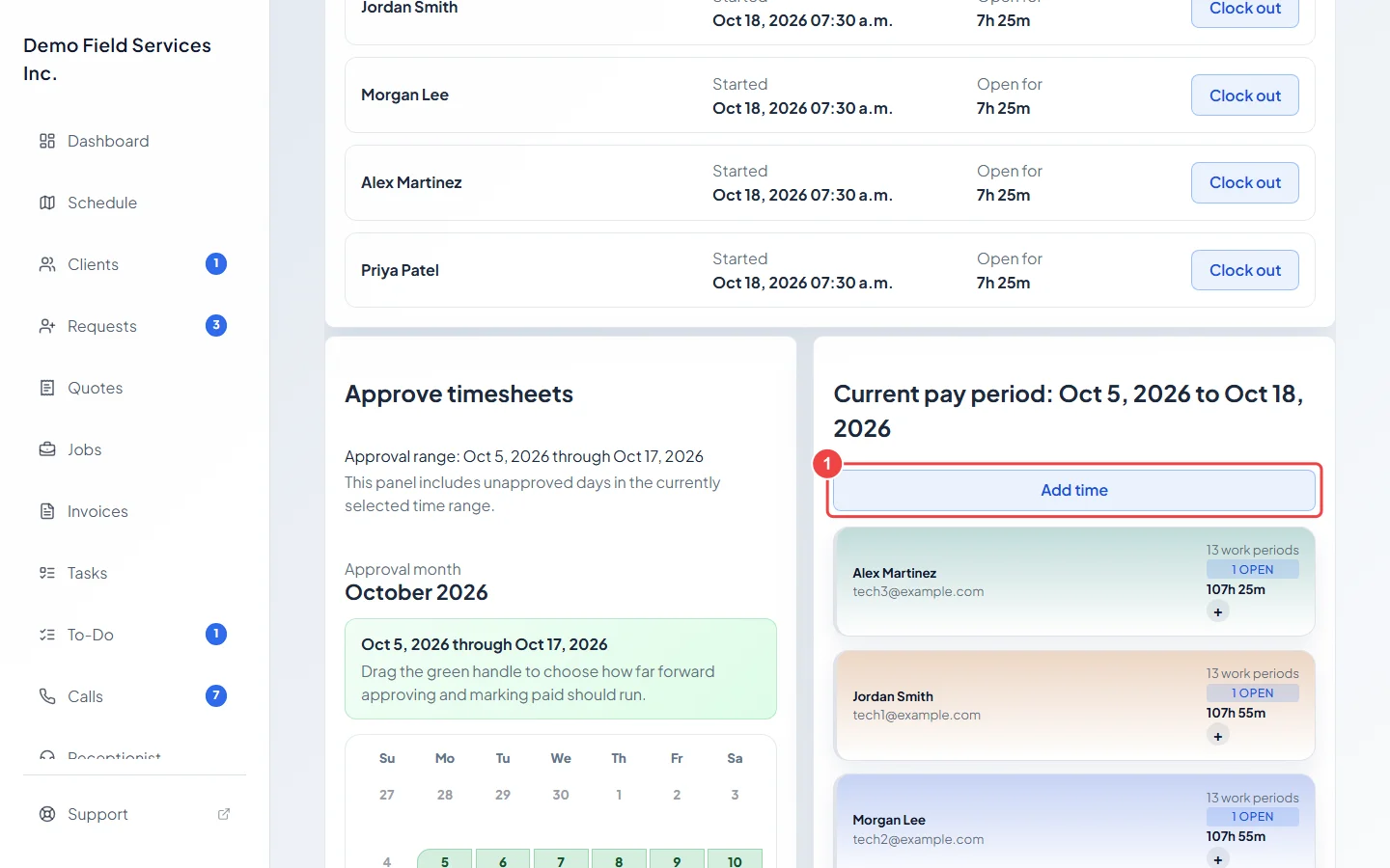 The Add time button next to the pay period heading