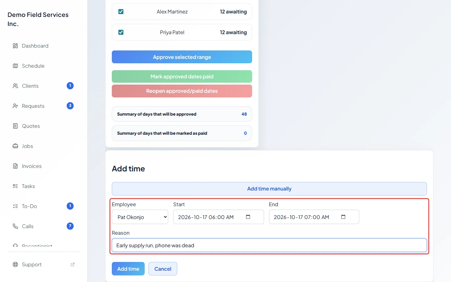 The Add time box filled in for one employee
