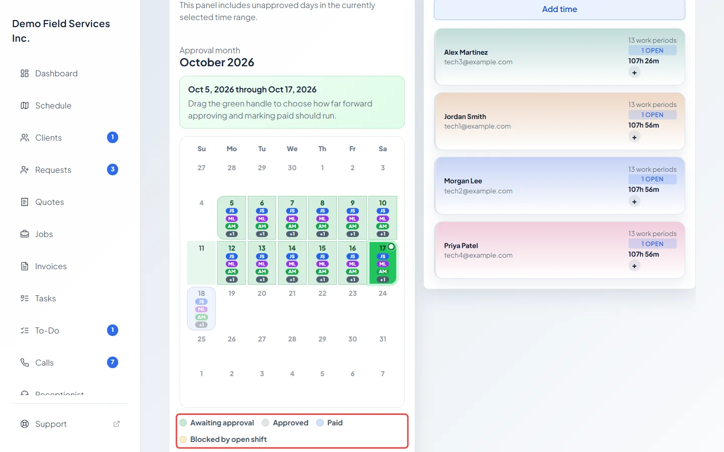 The Approve timesheets calendar with days awaiting approval and the colour key