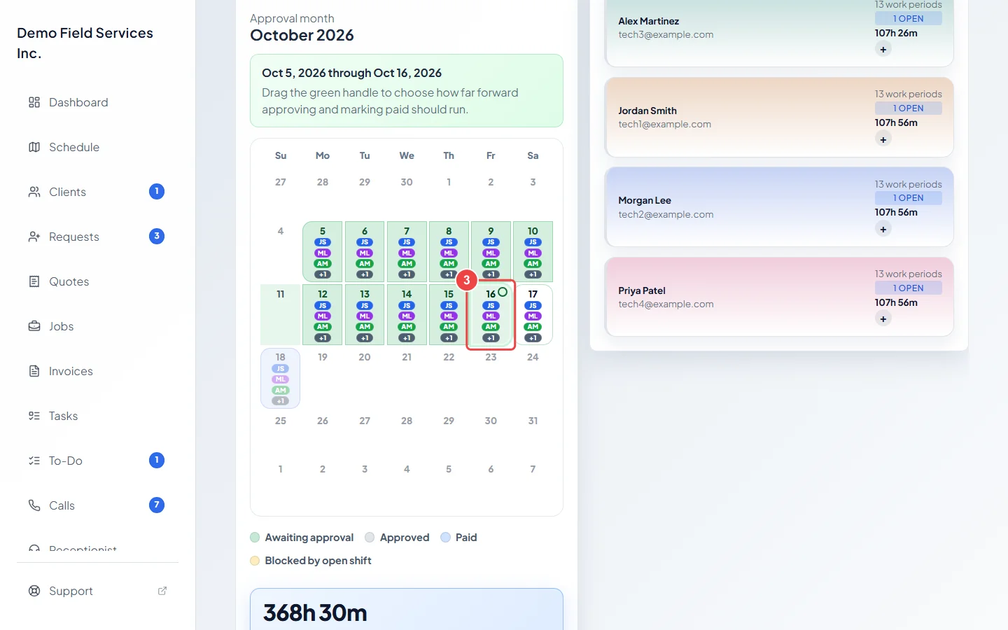 The approval calendar with the green handle moved to an earlier day