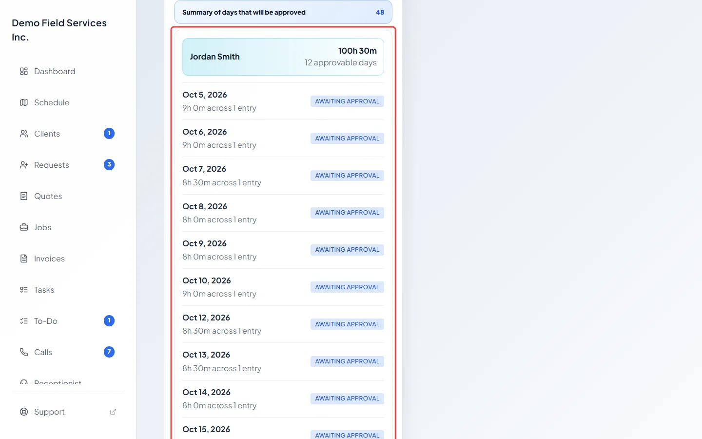 The summary of days that will be approved, grouped by employee