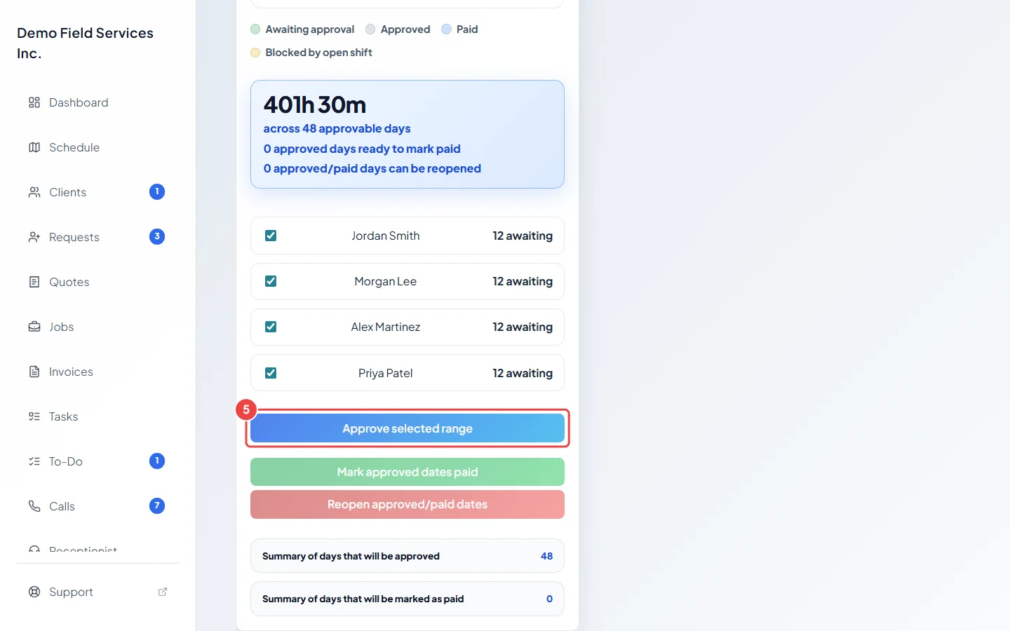 The Approve selected range button under the approval calendar