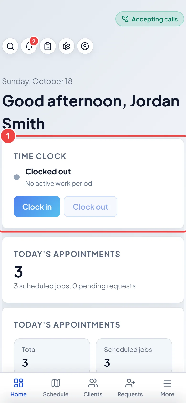 The Time clock card on the phone dashboard showing Clocked out
