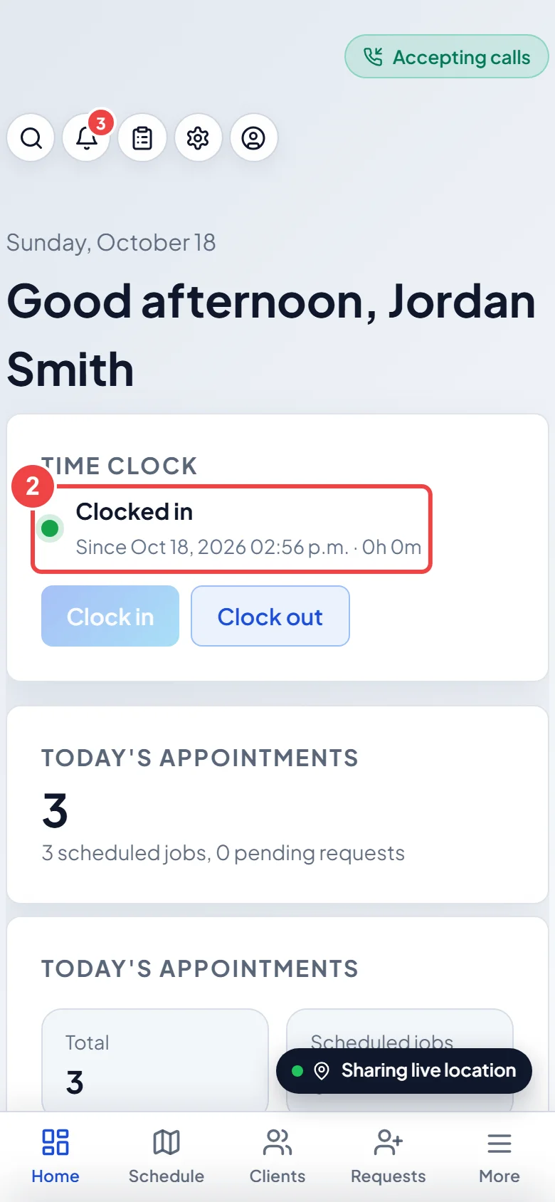 The Time clock card after clocking in, showing the start time and hours so far