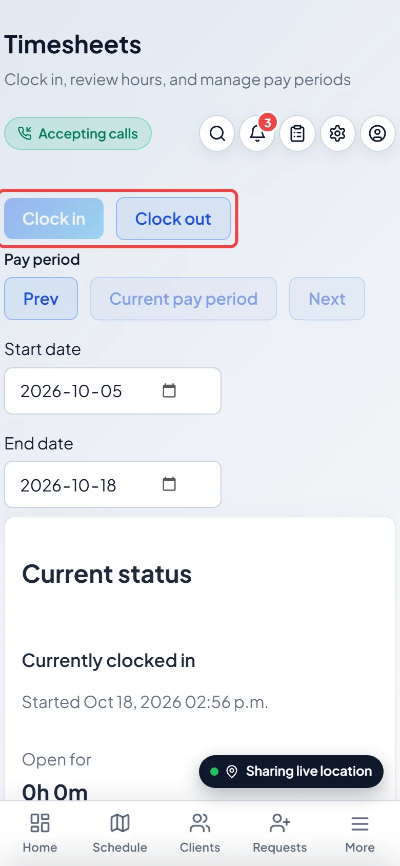 The Timesheets page on a phone with the Clock in and Clock out buttons