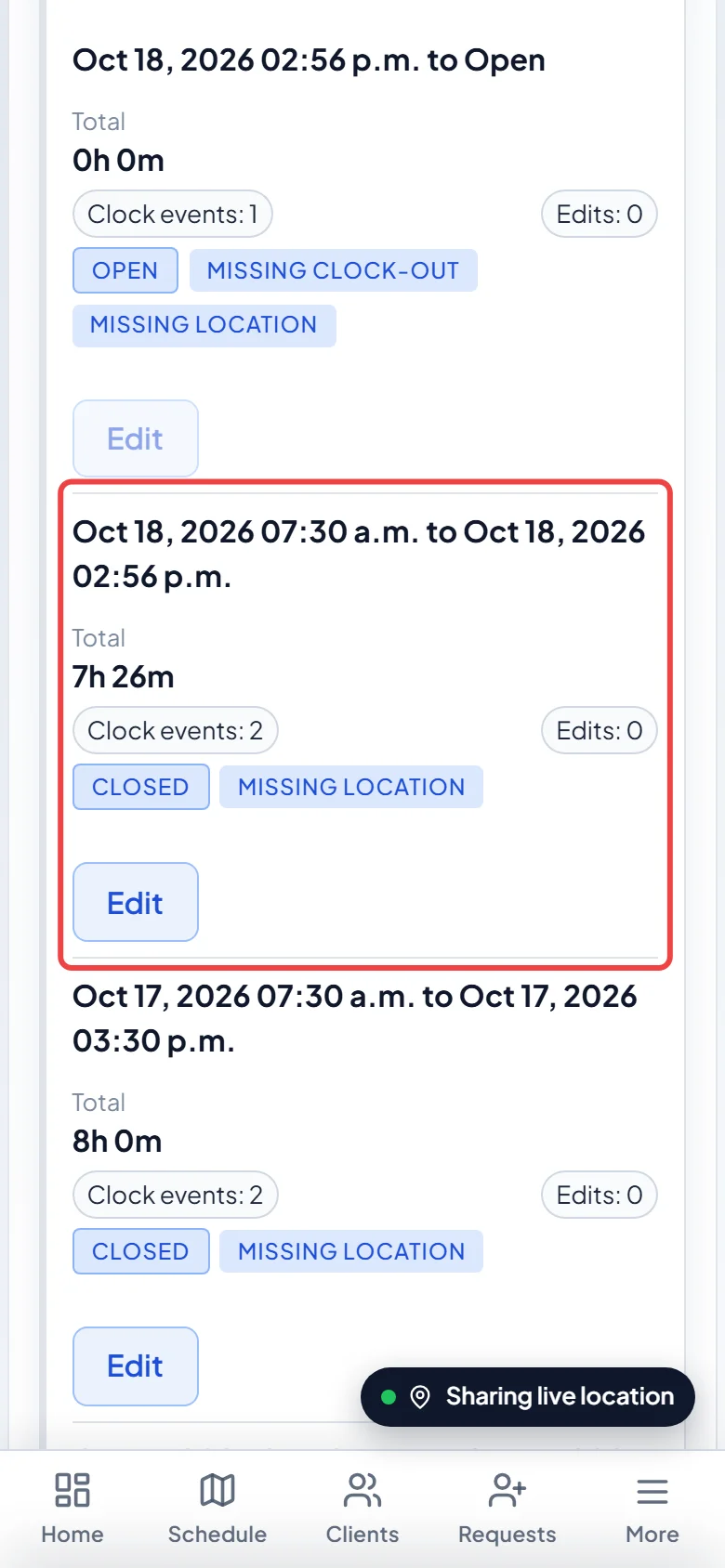 Your work periods for this pay period opened on the Timesheets page