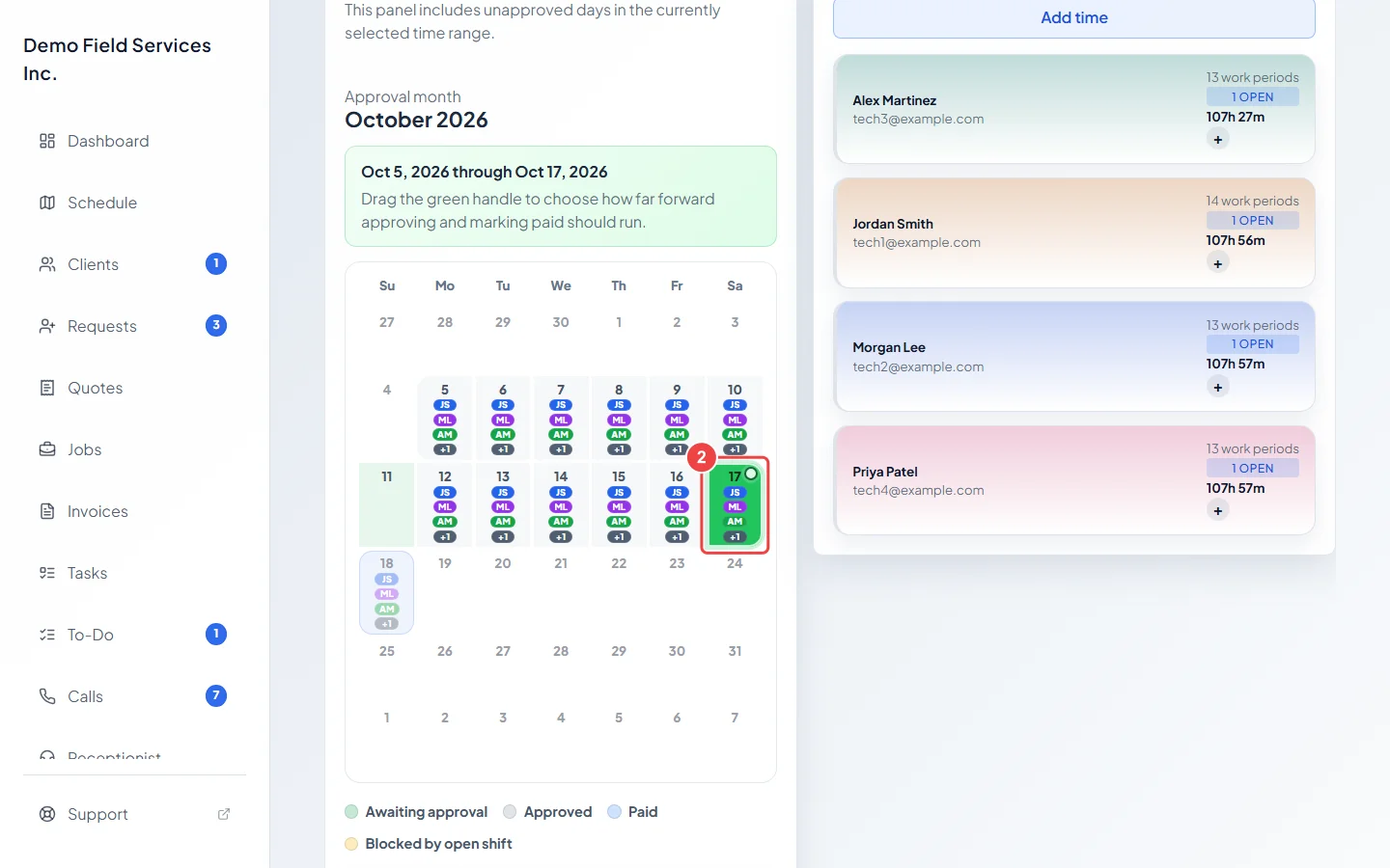 The approval calendar with approved days and the green handle on the last day to pay