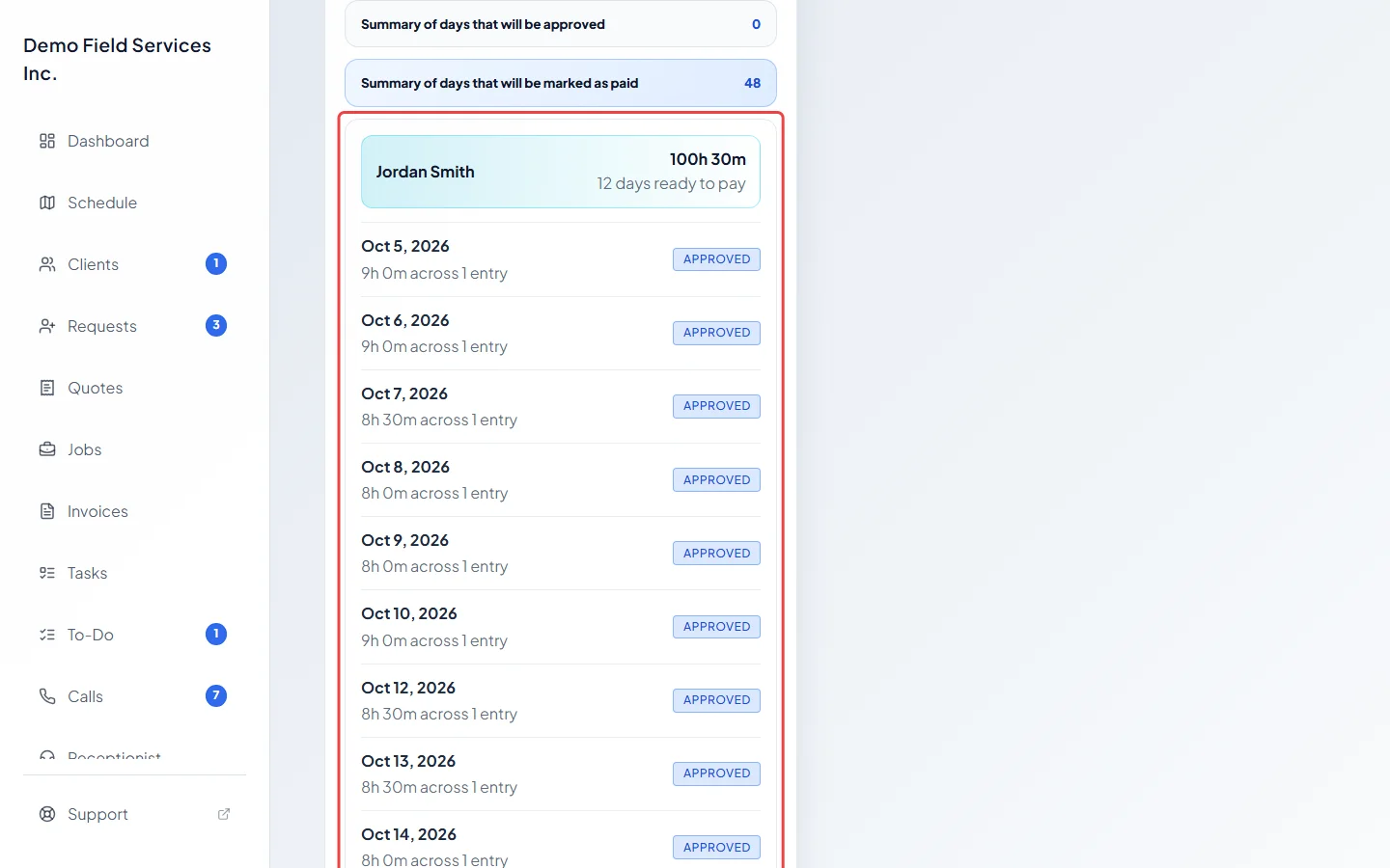 The summary of approved days that will be marked as paid, by employee