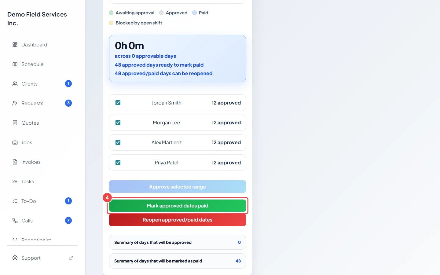 The Mark approved dates paid button under the approval calendar