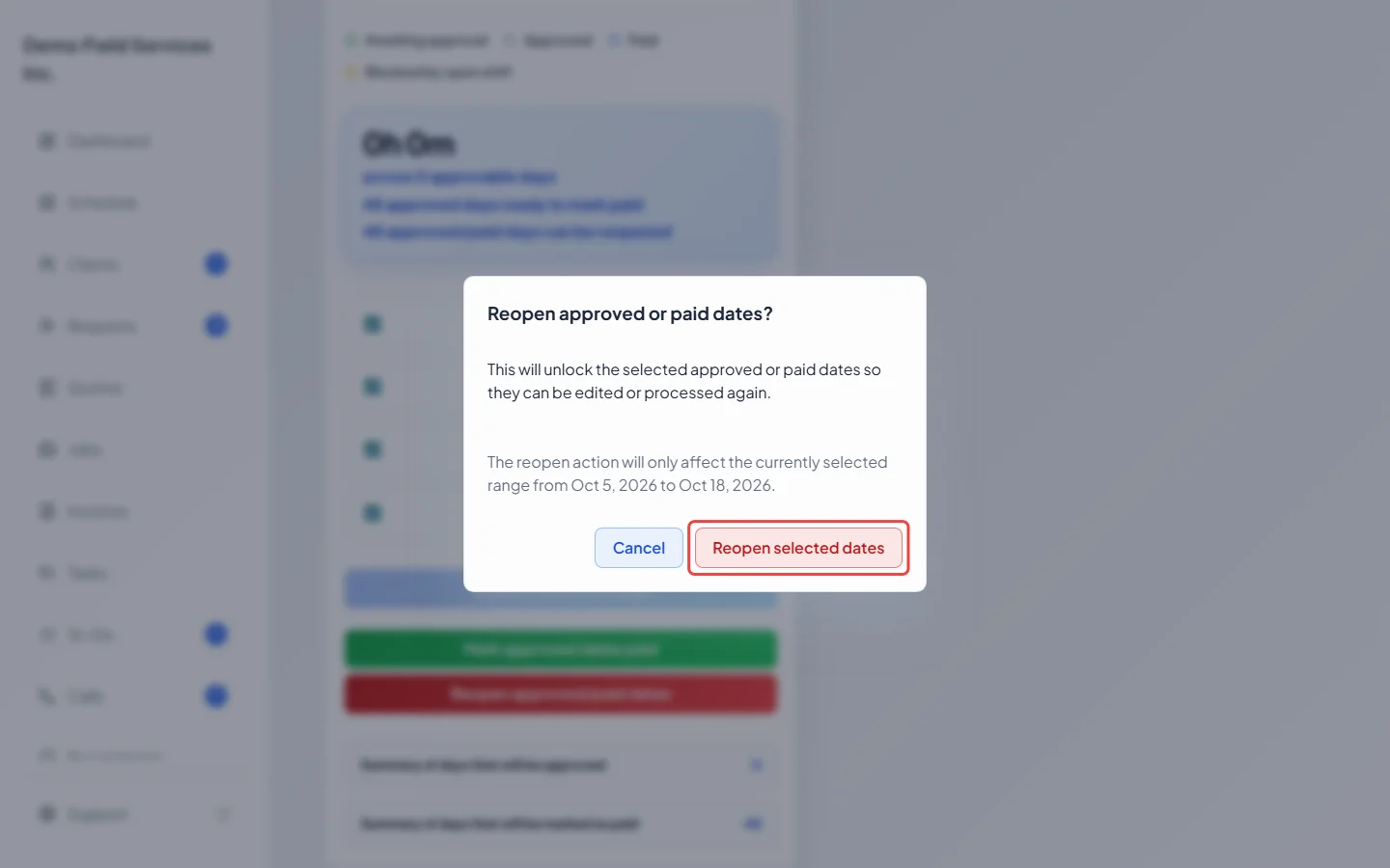 The Reopen approved or paid dates window with the Reopen selected dates button