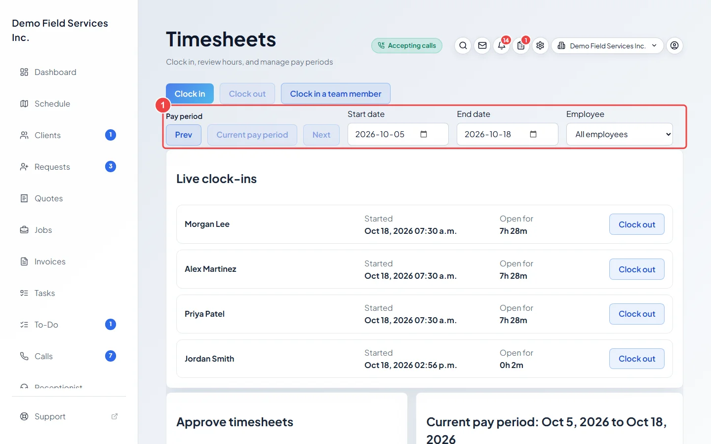 The pay period buttons and date boxes at the top of the Timesheets page