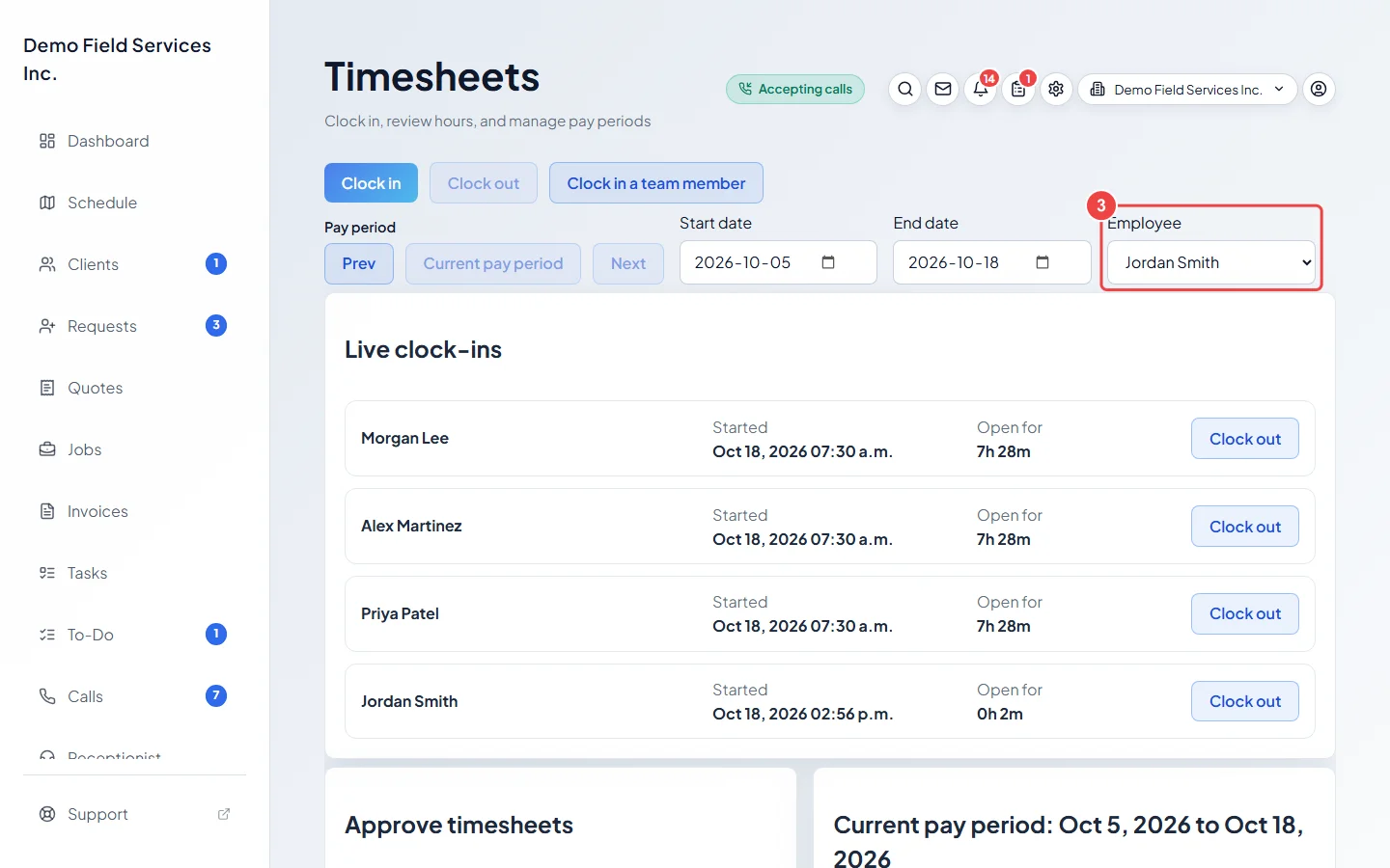 The Employee list on the Timesheets page with one technician chosen