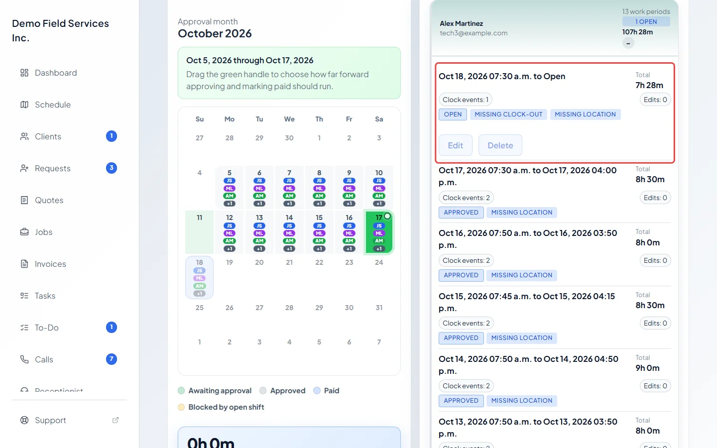 One employee's work periods with their status and warning flags
