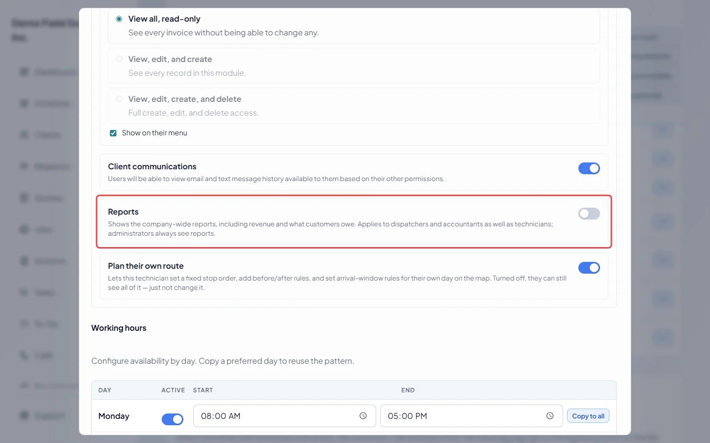The Reports switch in the team member's permissions