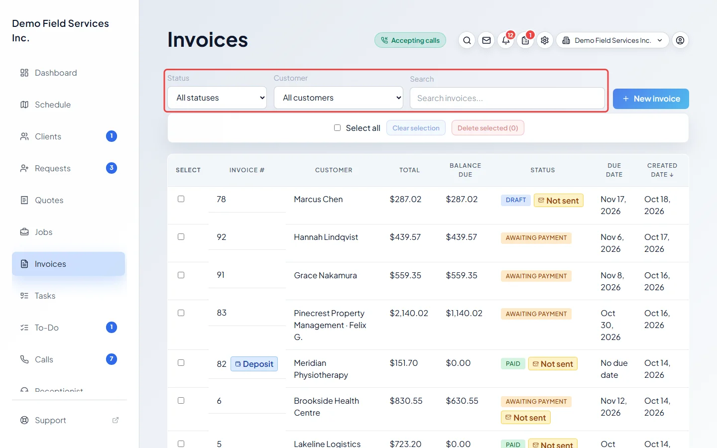 The filters and search at the top of the invoices list