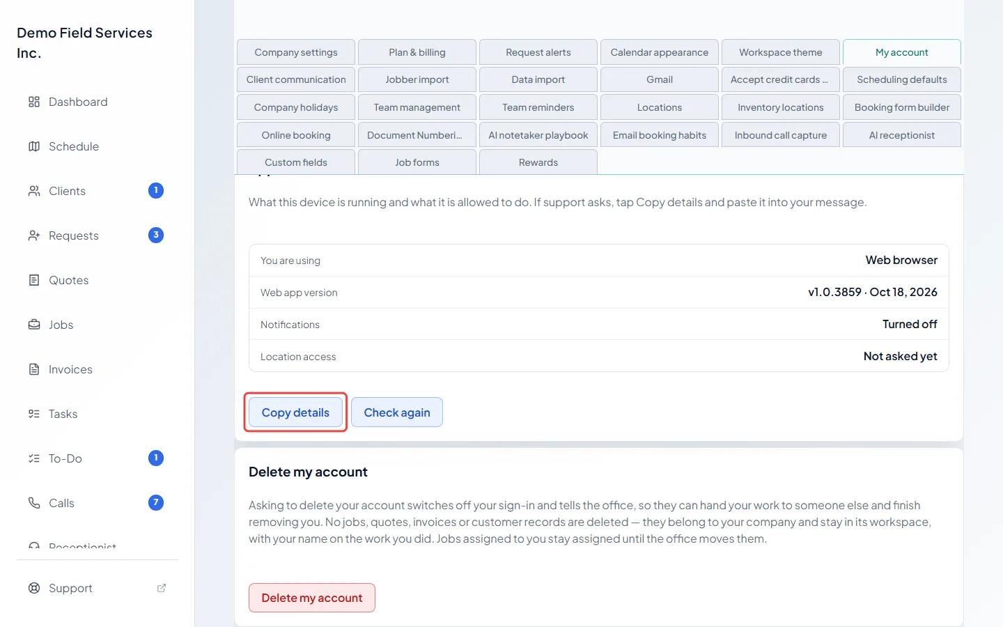 The Copy details button under App details