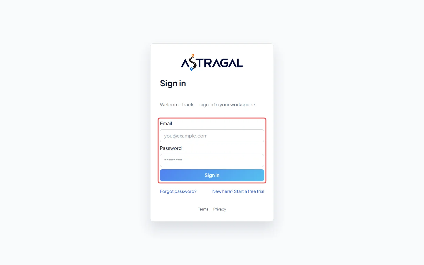 The Sign in page with its email and password boxes