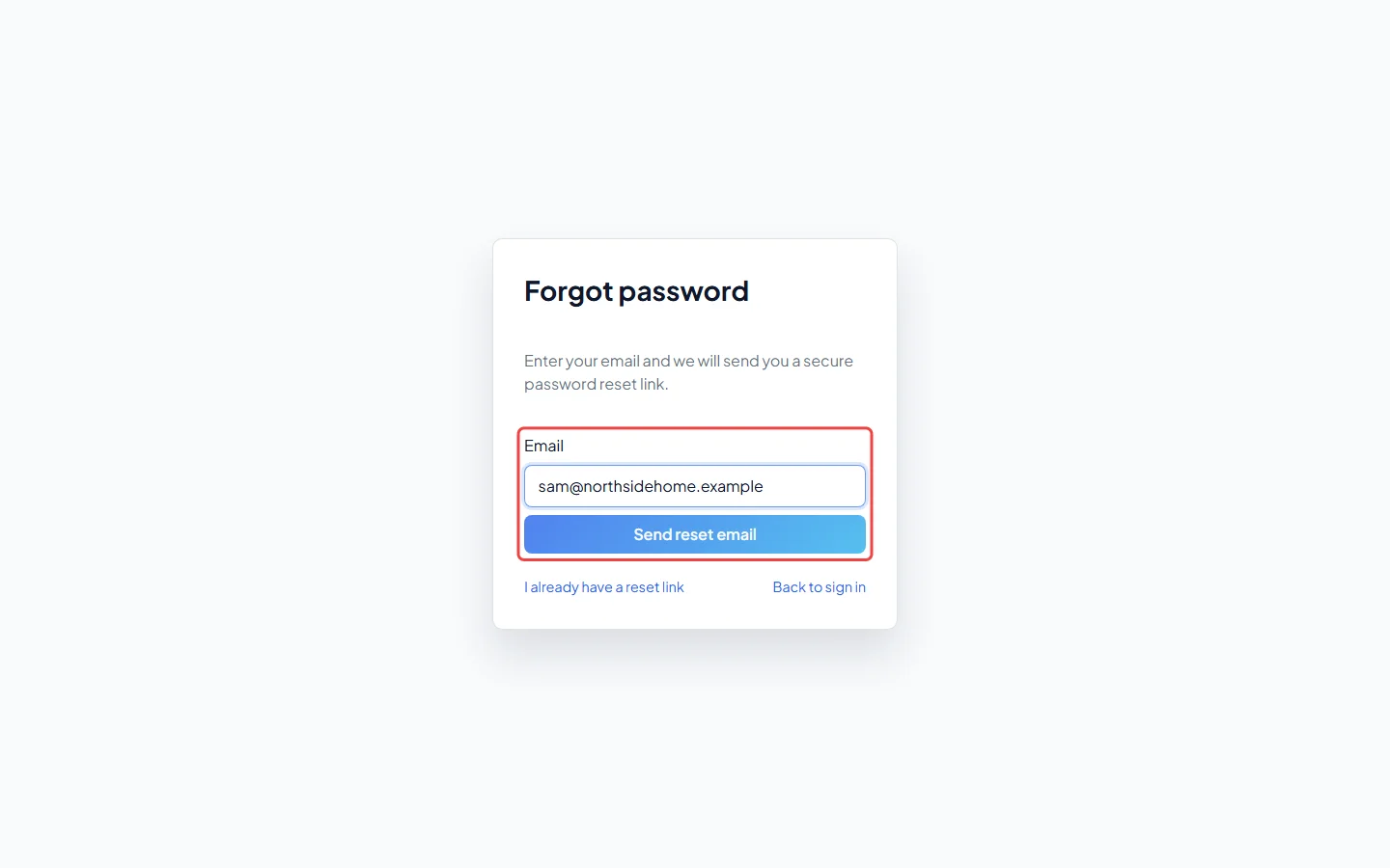 The Forgot password page with the Send reset email button