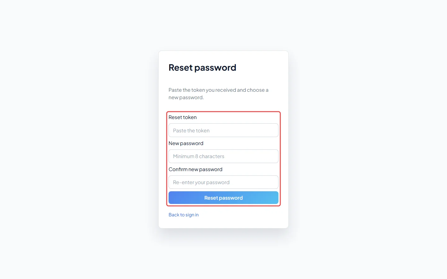 The Reset password page with the new password boxes