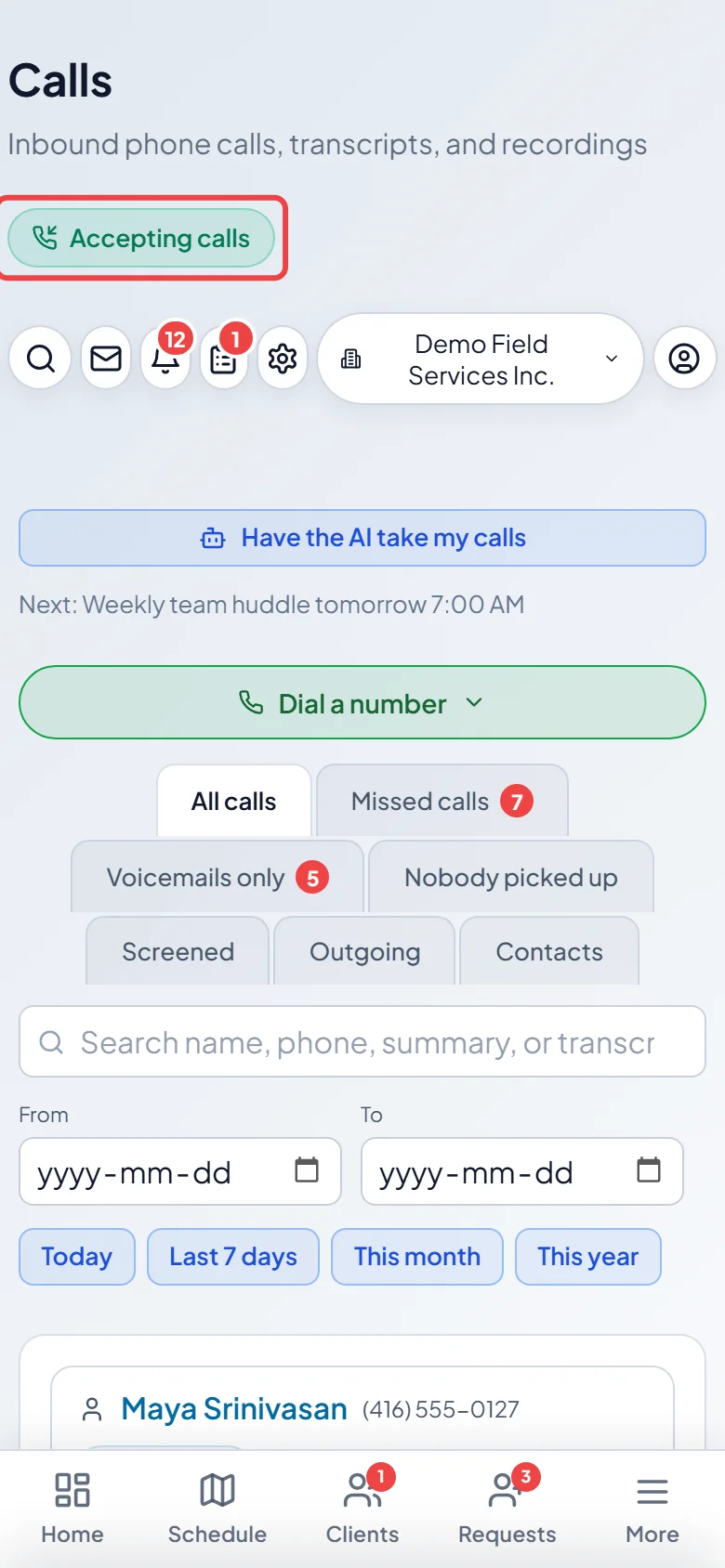 The call status at the top of the Calls page on a phone