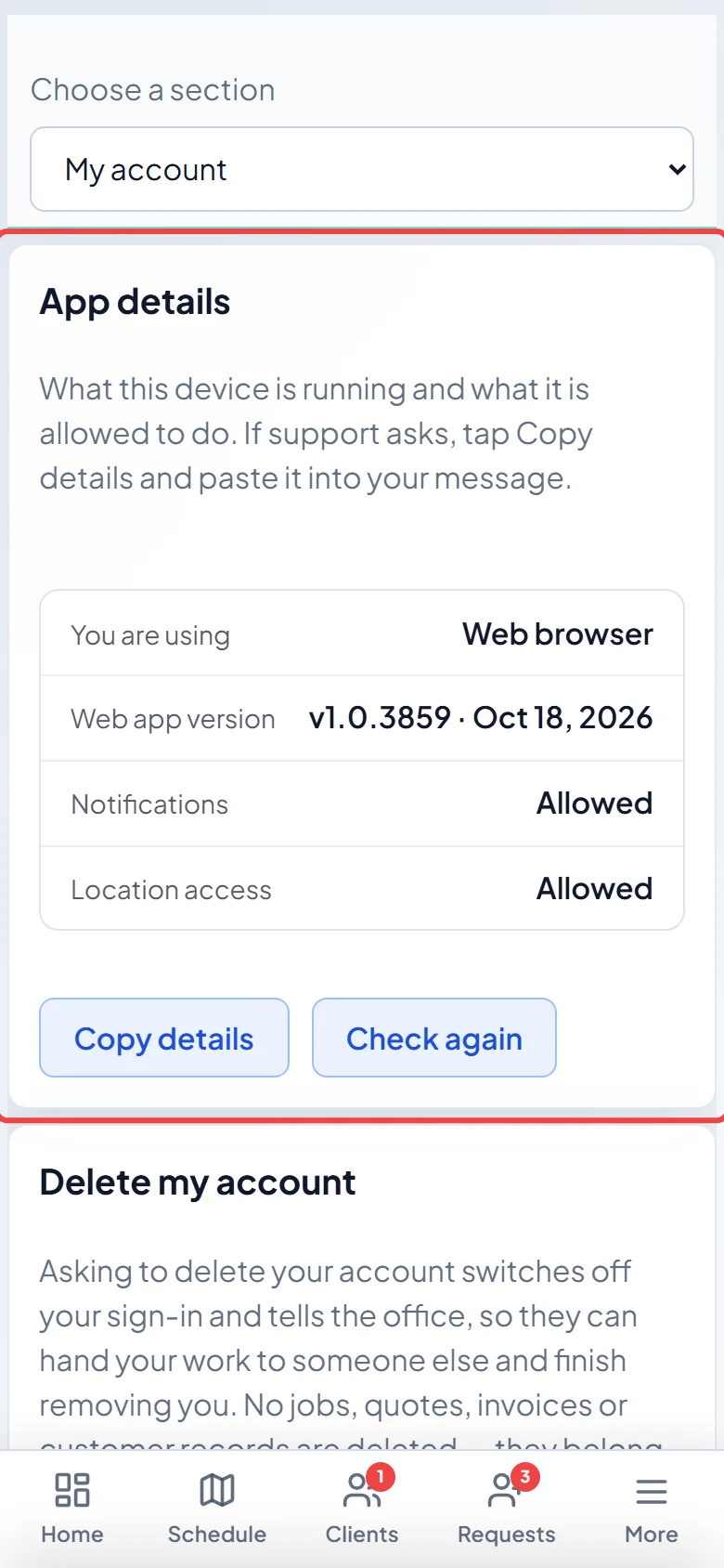 App details under My account showing whether notifications are allowed