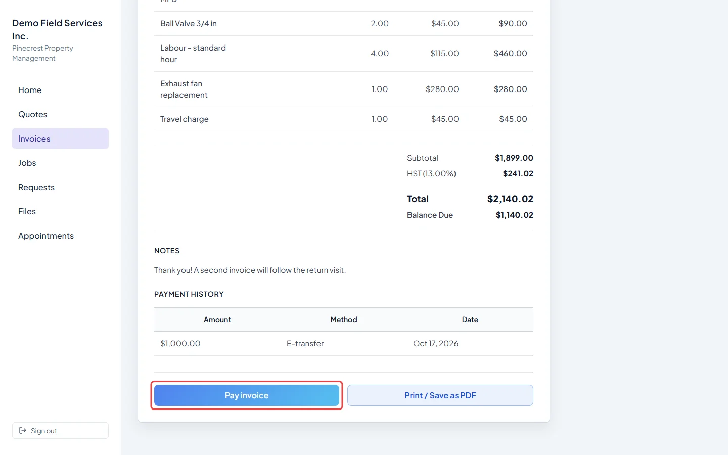 The Pay invoice button on the client's view of an invoice