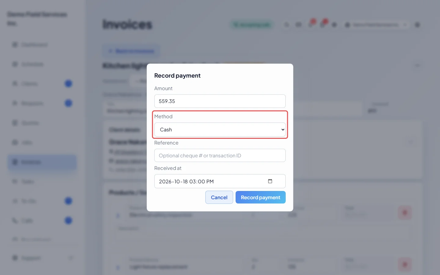 The Record payment window with the Method list highlighted